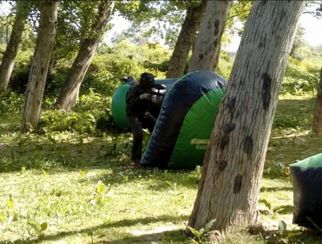 Obstaculos hinchables entre los arboles